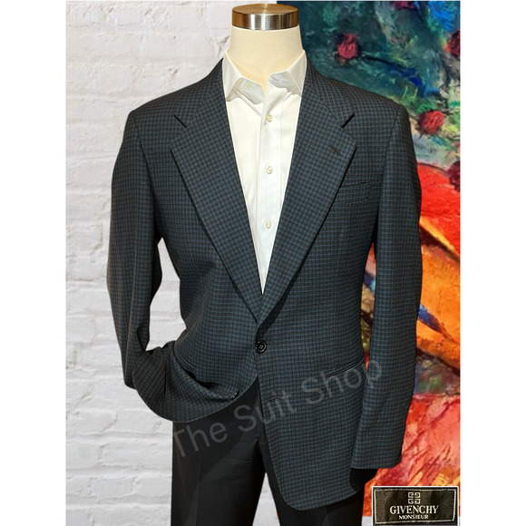 Vintage Givenchy Monsieur Mens 42L Blue Brown Check Plaid Designer Sport Coat